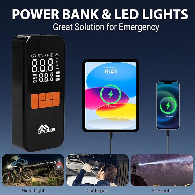 Tire Inflator Portable Air Compressor, 4X Faster Cordless Air Pump for Car Tires, 150PSI Air Bike Pump with Pressure Gauge & LED Lights for Cars/Motorcycles/E-Bikes/Balls, Auto Shut-off