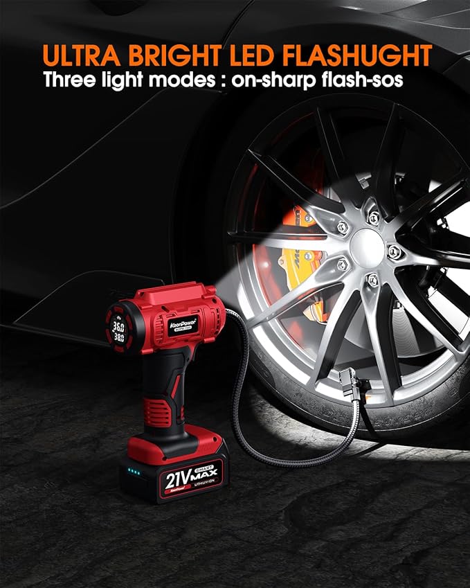 KeenPower Cordless Tire Inflator Portable Air Compressor, 160PSI Car Tire Air Pump, 21V Rechargeable Battery Powered Air Compressor, Dual Power, Larger HD Digital Gauge w/4+N Smart Modes (Red)