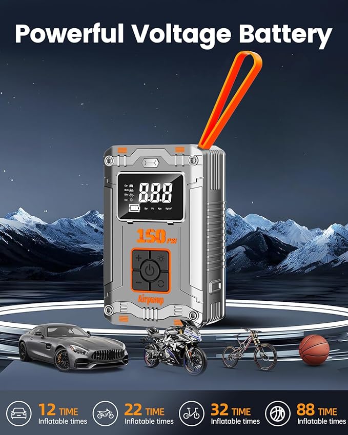 Tire Inflator Portable Air Compressor Cordless,150PSI 3X Faster Inflation Tire Pump With Digital Display & 4 Nozzles, Car Tires Air Pump with Pressure Gauge for Auto, Motorcycles, Bikes, Balls