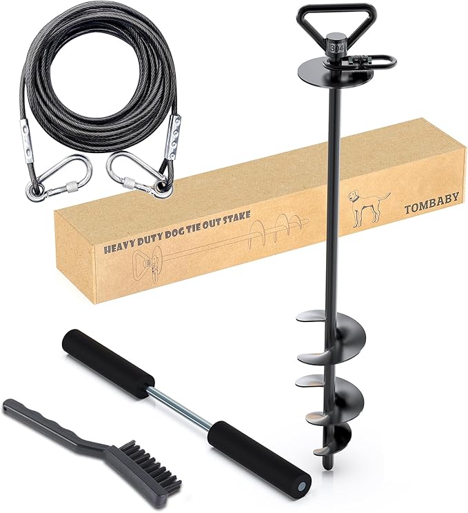 TOMBABY Dog Tie Out Cable and Stake,with 20FT Heavy Duty Cable,360° Swivel Dog Anchor& Anti-Tangle,Dog Runner for Yard,Dog Stake Allows Dogs Up to 210 lbs, Dog Stakes for Outside Beach,Camping, Yard