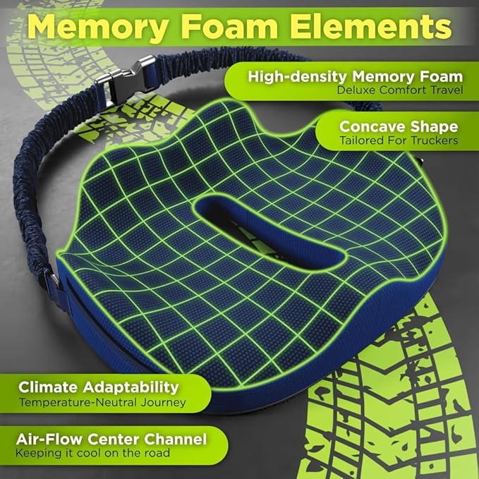 Truck Seat Cushion for Truck Driver Seat Cushion - Upgraded Back Support, CertiPUR-US® Certified - Thick Memory Foam, Pain Relief for Hours of Driving, Trucker Approved Big Rig - Navy
