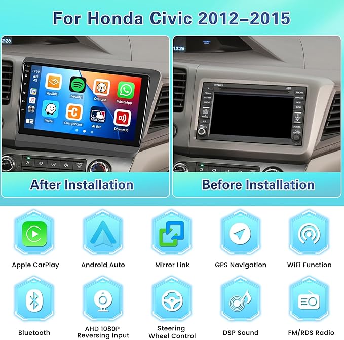 2+64GB Android Car Stereo for Honda Civic 2012-2015 Wireless Carplay Android Auto, 9 Inch Touchscreen Car Radio GPS Navi WiFi Bluetooth Backup Camera FM RDS Radio EQ SWC