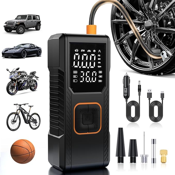 Tire Inflator Portable Air Compressor, 150PSI Cordless/12V DC Air Pump for Car Tires with Pressure Gauge, Auto Shut-Off, LED Light, 4X Faster Tire Inflator Bike Pump for Car, Motorcycle, Bike, Ball
