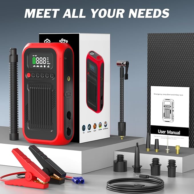 Tire Inflator Portable Air Compressor, 12V Car Jump Starter, 150PSI & 28000mAh Air Pump with Air Blower, Digital Pressure Gauge and LED Light, Electric Air Pump for Car, Motorcycle, Balls, Bike Pump