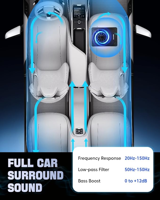 10" 1200W Slim Under Seat Powered Car Subwoofer Hideaway Subwoofer with Complete Mounting Wire Kit, Car Truck Audio Subwoofer Built in Amplifier Sub Amp Combo, with Blue LED Ambient Light