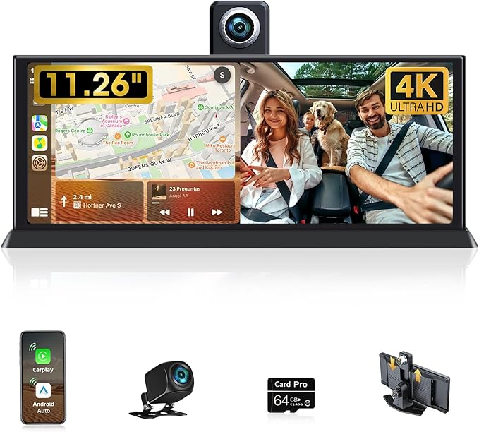 Largest 11.26" Apple Carplay Screen for Car 4K Dash Cam 350° Rotatable Camera【Cust-omized Bracket】 Car Tablet Pro Max w Carplay & Android Auto Real-time Navigation Bluetooth Audio Mirror Link