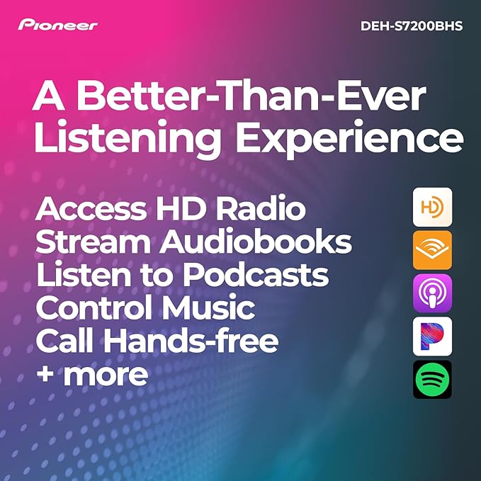 Pioneer DEH-S7200BHS 1-Din CD Receiver – Bluetooth, HD Radio, SiriusXM, USB/AUX, Color Change, FLAC, AM/FM, Detachable Face, 13-Band EQ, 50W x 4, Voice Control, Hi-Volt RCA Preouts