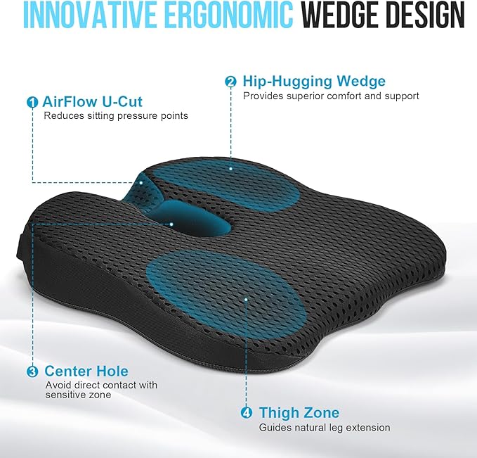 Car Seat Cushion for Driving – Ergonomic Wedge Memory Foam Booster Automotive Seat with Non-Slip Bottom & Adjustable Strap – Car Seat Pad for Car, Truck, Vehicle
