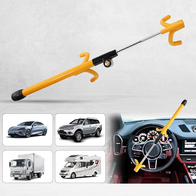 Steering Wheel Lock Anti-Theft Device – Heavy Duty Double Hook, Adjustable Clamp Fits 5”-15” Wheels, Universal Car Security Lock with 3 Unique Keys – Yellow