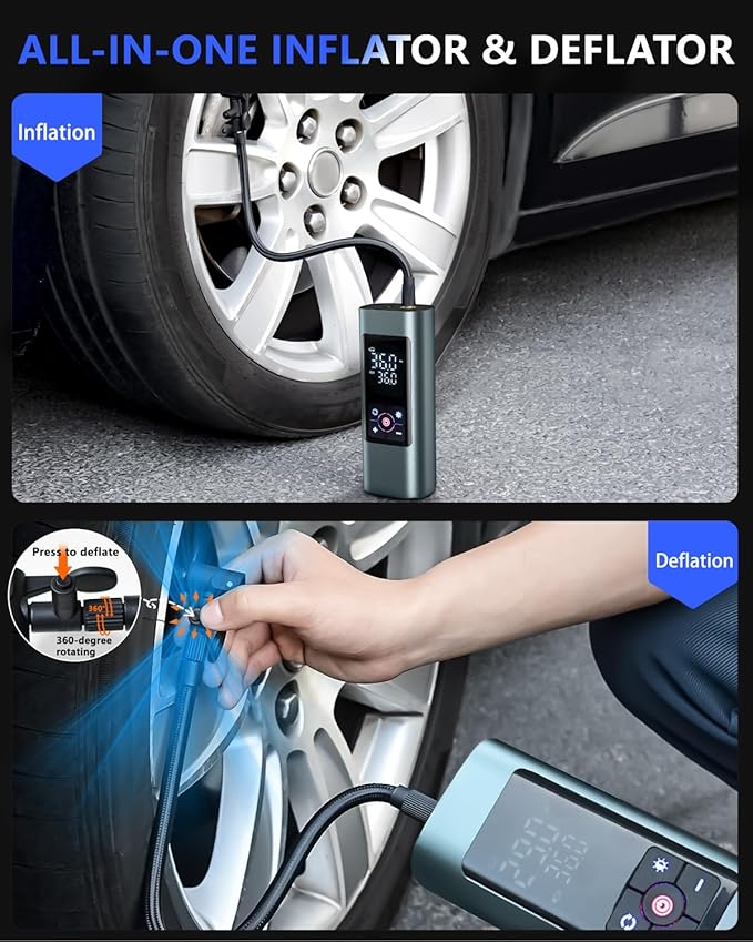 Tire Inflator Portable Air Compressor: Cordless Air Pump for Car Tires 150PSI - Tire Pump with Pressure Gauge for Car Bike Motorcycle Balls (Grey Blue)