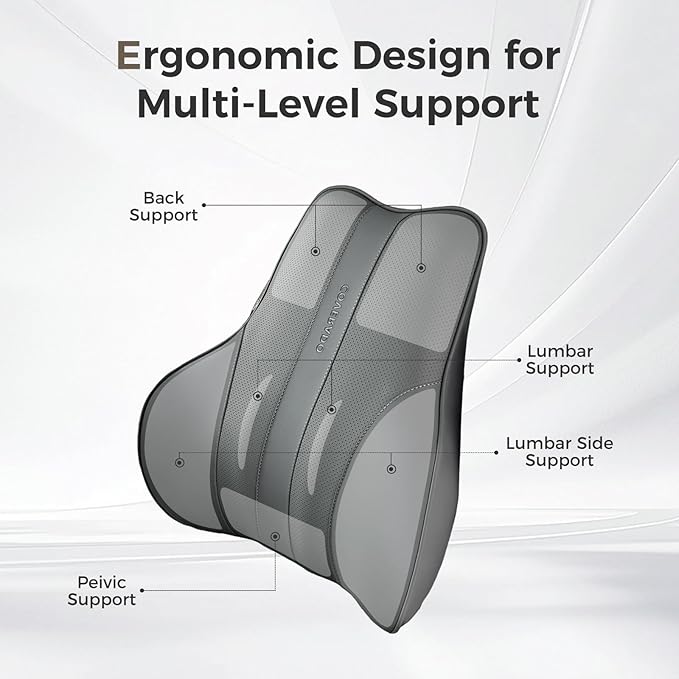 Coverado Lumbar Support Pillow for Car, Ergonomic Memory Foam Back Pillow for Office Chair, Back Cushion for Back Pain Relief, PU Leather Car Lumbar Support for Driving Seat - Gray