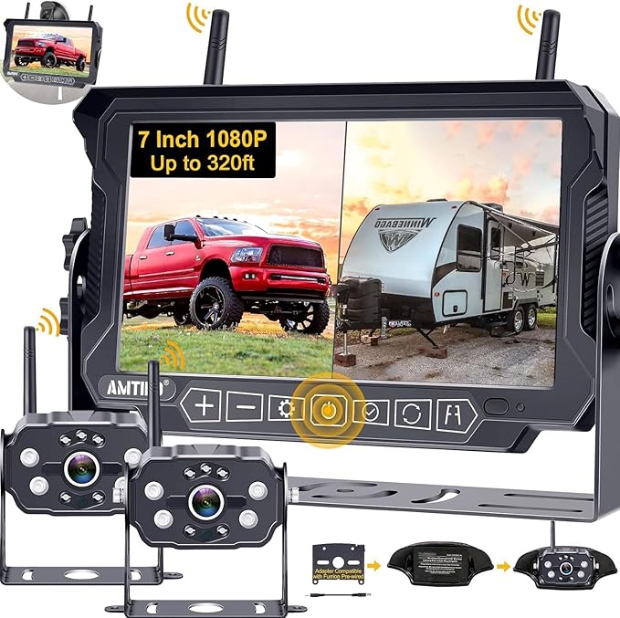 AMTIFO Wireless RV Backup Camera System - 2 HD 1080P Cameras with 7" Split-Screen Monitor,Compatible with Furrion Pre-Wired RVs,Loop Recording,Night Vision,Easy Install for Trailers Campers Trucks