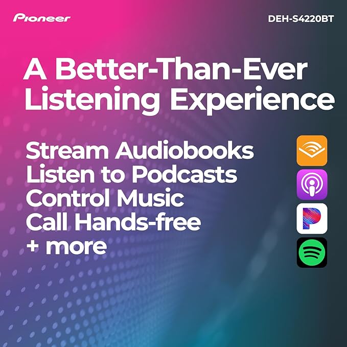 Pioneer DEH-S4220BT 1-Din CD Receiver – Bluetooth, USB/AUX, Color Change, FLAC, AM/FM Radio, Detachable Face, 50W x 4, Voice Control, Hi-Volt RCA Preouts