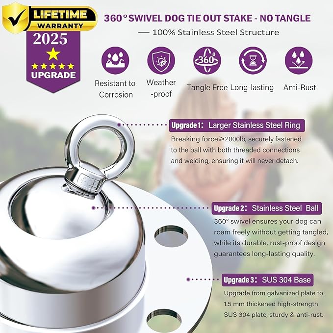 360° Swivel Dog Tie Out Cable and Stake - 30 Ft Dog Yard Leash and Stake Rust Proof for Small Medium Large Dogs - Petfect for Grass Yard Camping Outdoor