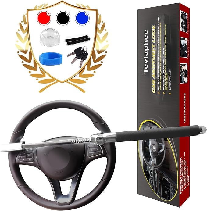 Tevlaphee Steering Wheel Lock for Cars,Wheel Lock,Vehicle Anti-Theft Lock,Adjustable Length Clamp Double Hook Universal Fit Emergency Hammer Window Breaker Self Defense Heavy Duty Secure
