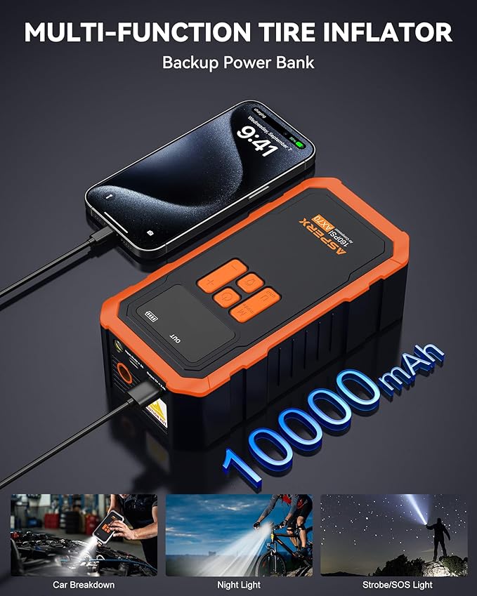 Tire Inflator Portable Air Compressor- 160PSI & 10000mAh Portable Air Pump with Carrying Case, LCD Display & LED Light, 3X Fast Inflation for Car, Bike, Motorcycle, Balls and more(Orange)