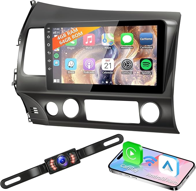 4G+64G Android 13 Car Radio for Honda Civic 2006-2011 with Wireless Carplay Android Auto GPS Navigation 10.1 Inch IPS Touch Screen Head Unit, Support Steering Wheel Control, Mirrorlink, Backup Camera