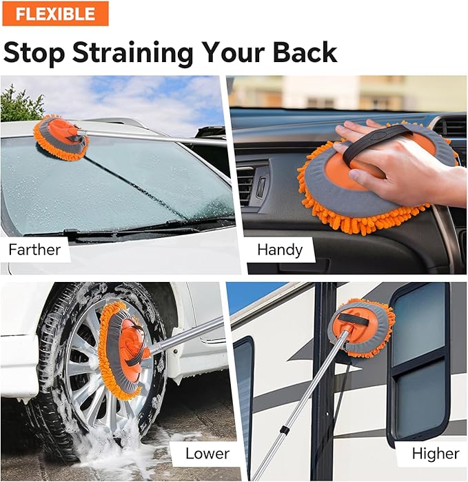 20ft Reach Car Wash Brush with Long Handle-Car Cleaning Kit with 4-12FT Extension Pole, Ultimate RV,Truck Wash Set with Soft Brush, Tire Brush, Window Squeegee, Mitt, Microfiber Cleaning Mop