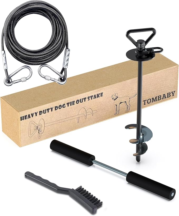 TOMBABY Dog Tie Out Cable and Stake,with 20FT Heavy Duty Cable,360° Swivel Dog Anchor& Anti-Tangle,Dog Runner for Yard,Dog Stake Allows Dogs Up to 150 lbs, Dog Stakes for Outside Beach,Camping, Yard