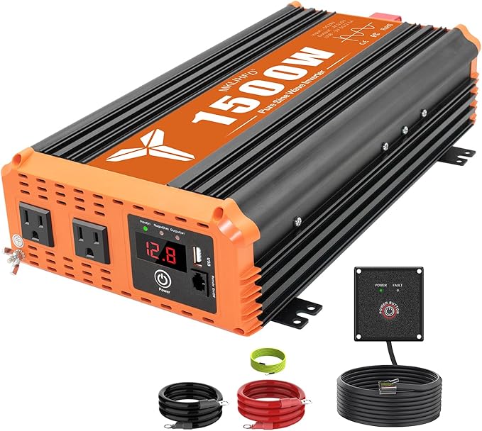 1500 Watt Pure Sine Wave Power Inverter 24V DC to 120V AC, 3000W Surge Peak Power, Inverter for RV, Truck, Solar, Campers with 2 AC Outlet, 5V 2.0A USB, Remote Control Compatible with Lithium