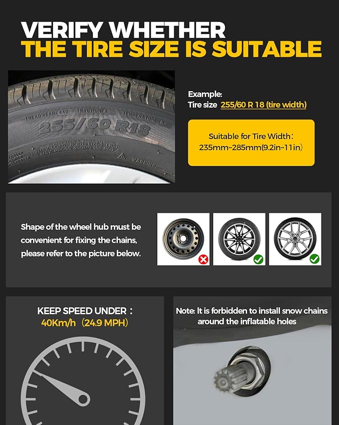 KYX Upgrade Alloy Steel Tire Chains for Car/SUV/Pickup Truks, Adjustable Universal Emergency Snow Chains for Pickup Trucks and Off-road SUV Car Tires 235 245 255 265 275 285 - Set of 6, Alloy Steel