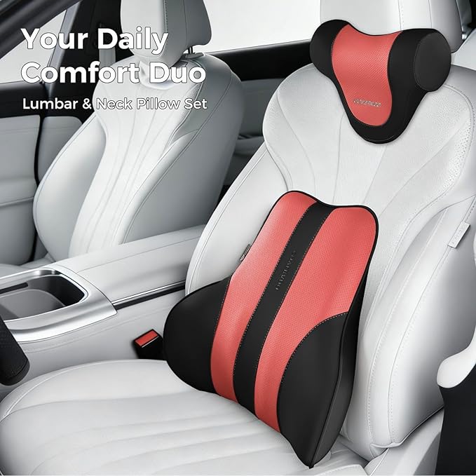 Coverado Lumbar Support Pillow for Car, Ergonomic Memory Foam Back Pillow for Office Chair, Back Cushion for Back Pain Relief, PU Leather Car Lumbar Support for Driving Seat