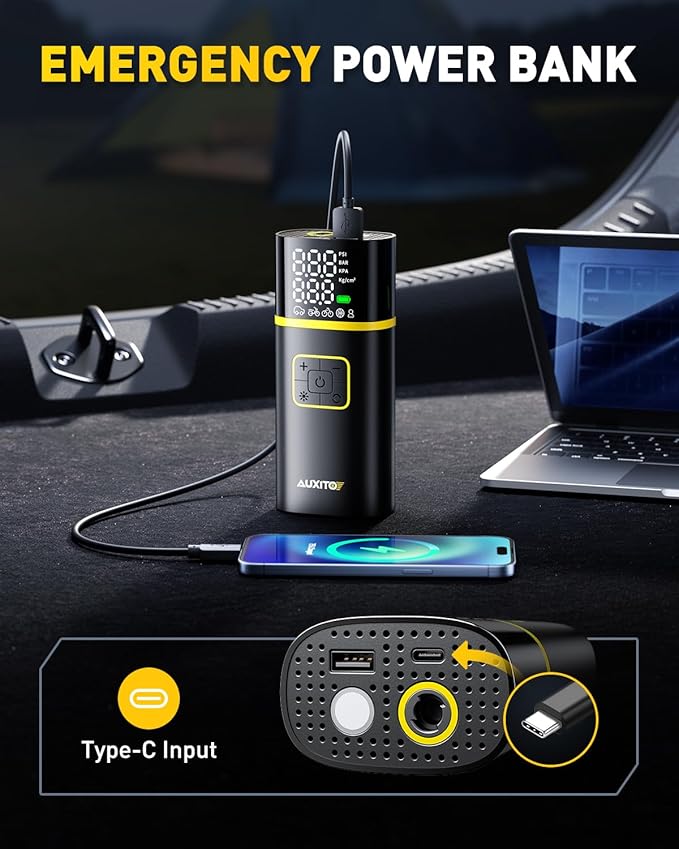 AUXITO Tire Inflator Portable Air Compressor - 150PSI Bike Pump 1Min Fast Inflate with Tire Pressure Gauge, LED Light & Car Accessories, Air Pump Tire Inflator for Auto, Motorcycle, Bike, Ball