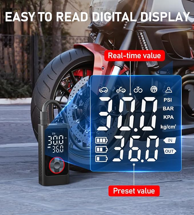 Tire Inflator Portable Air Compressor, 150PSI Cordless Air Pump for Car Tires, Bike Tire Pump with Pressure Gauge, Auto Shut Off, LED Light for Car Motorcycle Bicycle