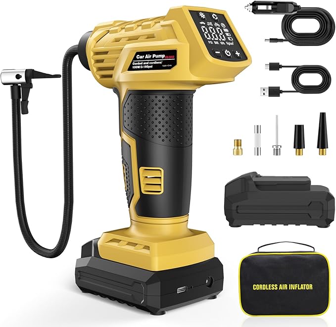 Tire Inflator Portable Air Compressor, 160PSI Large Full-Screen display Portable Air Pump with Digital Pressure Gauge, Rechargeable Battery Powered Portable Air Compressor with 12V DC Adapter