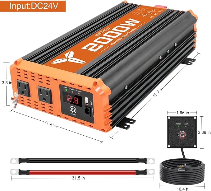 2000 watt Pure sine Wave car Inverter 24V DC to 120V AC, 4000W Surge Peak Power, Inverter for RV, Truck, Solar, Campers with 2 AC Outlet,Remote Control Compatible with Lithium Battery