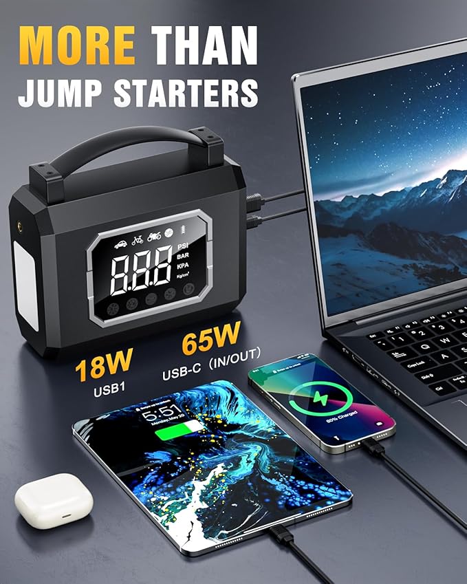 Tire Inflator Portable Air Compressor, 160PSI & 26800mAh 4X Fast Inflation, 65W Fast Charge, Car Battery Jump Starter,4 Modes Flashlight, Air Pump with Digital Pressure Gauge for Car, Bike, Motorcycle