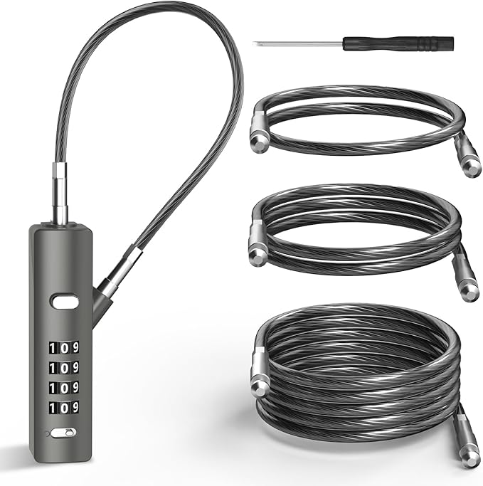 4-Digit Combination Cable Lock with 3 Steel Cables (9"/24"/47") - Secure Reset Only with Current Code - for Bike, Luggage, Gate, Shed, Cabinet - Gun Grey, 1 Pack