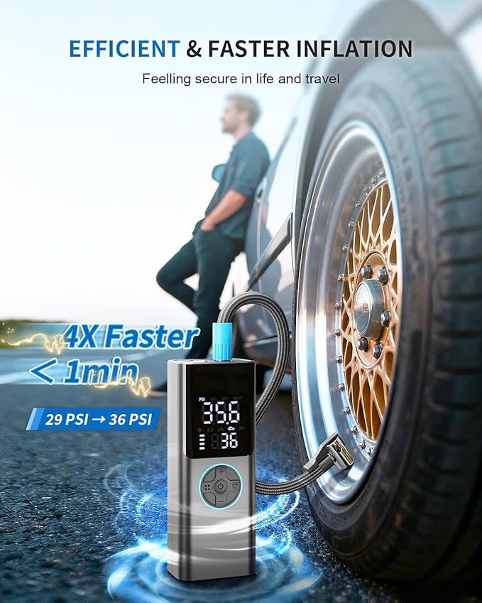 Tire Inflator Portable Air Compressor - 4X Faster & 150PSI Tire Pump For Car Moto Bike Ball - Auto Shut-Off - Fast Charge Power Bank - LED Night Light - Elderly Friendly