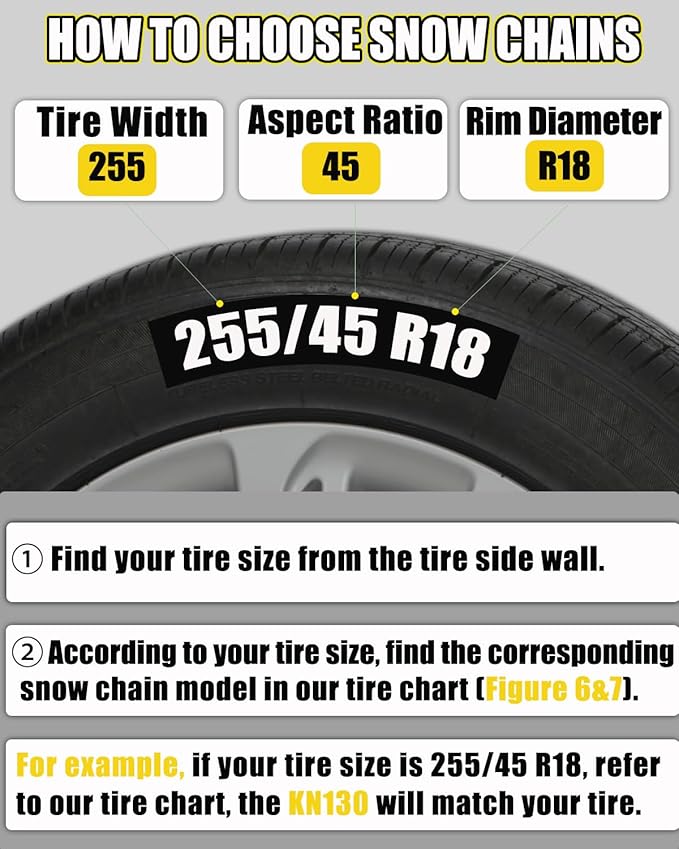Snow-Chains Easy Install Tire-Chains, One-Pull Fit Design Tire Snow Chains for Passenger Cars, Sedan, SUVs, Emergency Winter Tire Traction Car Tires 215 225 235 245 255 275 - Set of 2 (KN130)