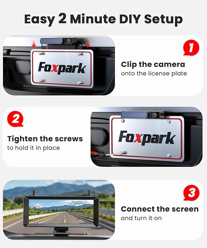 Solar Wireless Backup Camera: 7.2 Inch HD 1080P Monitor, 2-Min DIY Install,Dual Antennas for Stable Signal and Smooth View, DVR Recording, IP69K Waterproof Back up Camera for Truck,Car, SUV, Trailer