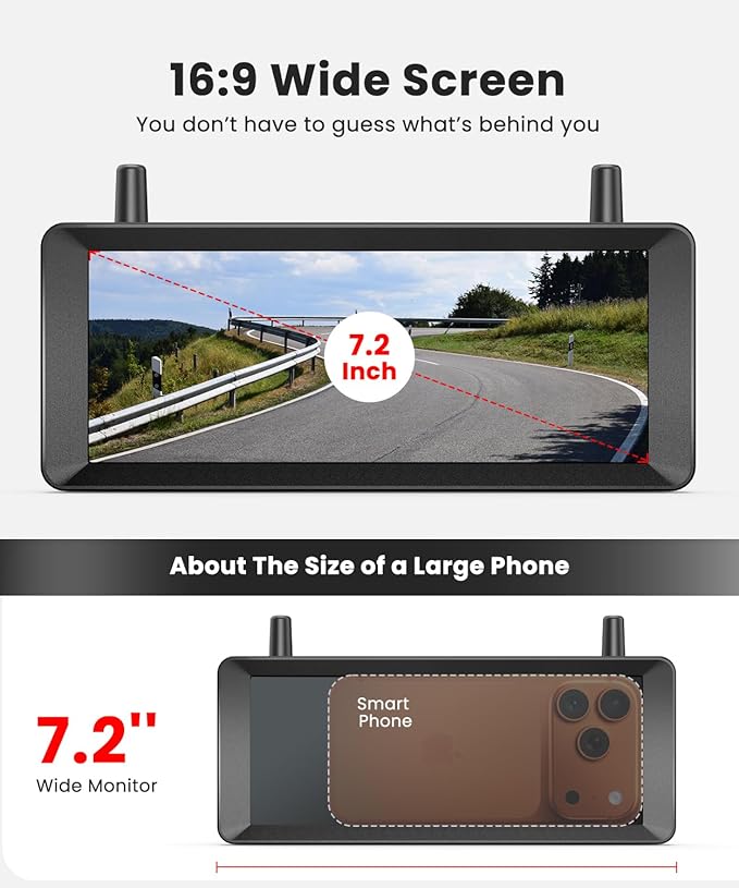 Solar Wireless Backup Camera 2-Cam System: 2-Min Install, 7.2" 1080P HD Split-Screen Monitor with Dual Antennas for Strong Signal, IP69K Waterproof Rear View Camera for Truck, RV, Camper, Trailer