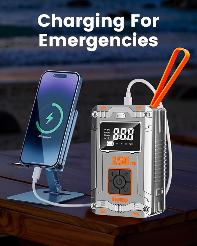 Tire Inflator Portable Air Compressor Cordless,150PSI 3X Faster Inflation Tire Pump With Digital Display & 4 Nozzles, Car Tires Air Pump with Pressure Gauge for Auto, Motorcycles, Bikes, Balls