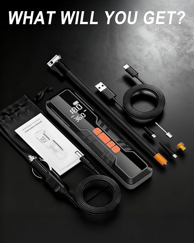 Tire Inflator Portable Air Compressor 6X Air Pump for Car Tires, 150PSI&5400 mAh Portable Tire Inflator for Car,DC 12V Air Compressor with Pressure Gauge/LED Light, for Car Tires/Bike/Motorcycle/Ball