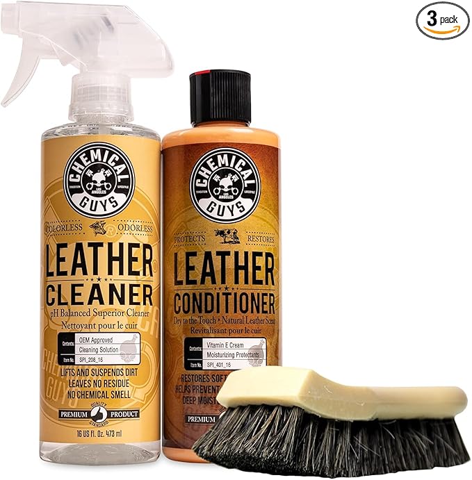 Chemical Guys SPI410 Leather Cleaner and Conditioner Bundle with ACC_S95 Long Bristle Horse Hair Leather Cleaning Brush, Safe for Car, Home, Office, & More (3 Item Bundle with 2-16 fl oz Bottles)