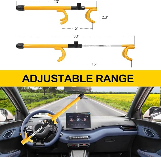 Steering Wheel Lock Anti-Theft Device – Heavy Duty Double Hook, Adjustable Clamp Fits 5”-15” Wheels, Universal Car Security Lock with 3 Unique Keys – Yellow