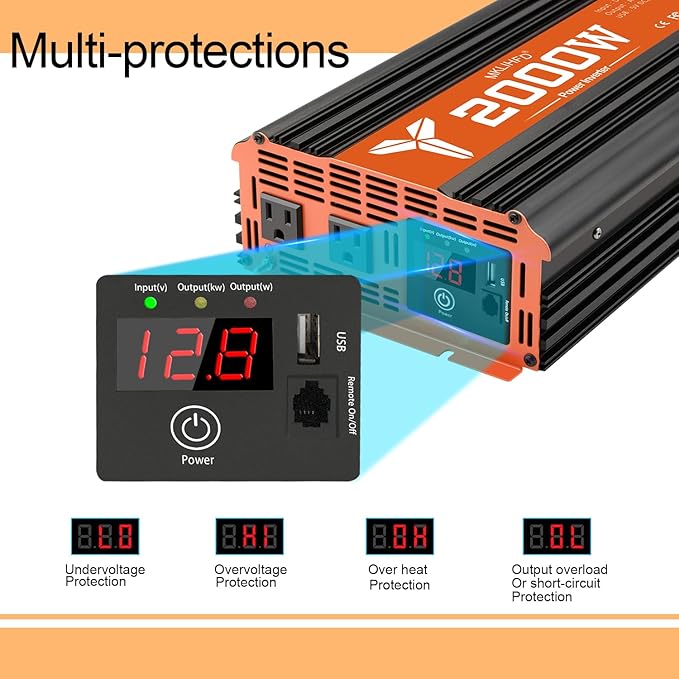 2000 watt Inverter 12v Car Power Inverters for Vehicles Truck with USB Charging Port, 12v to 120v with 2 AC Outlets and Remote 2000w
