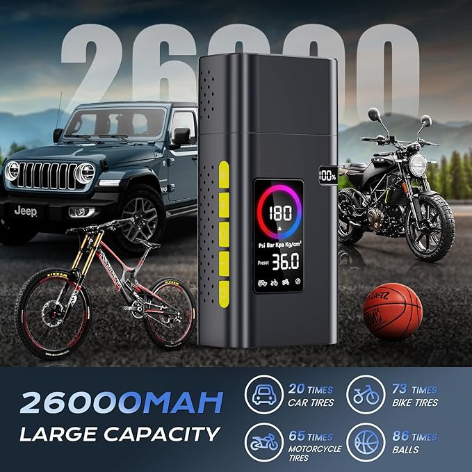 180PSI Tire Inflator Portable Air Compressor, Portable Tire Inflator for Car,5X Fast Electric Bike Air Pump with Digital LCD Pressure Gauge/LED Light/Power Bank, Bike, Motorcycle, Ball
