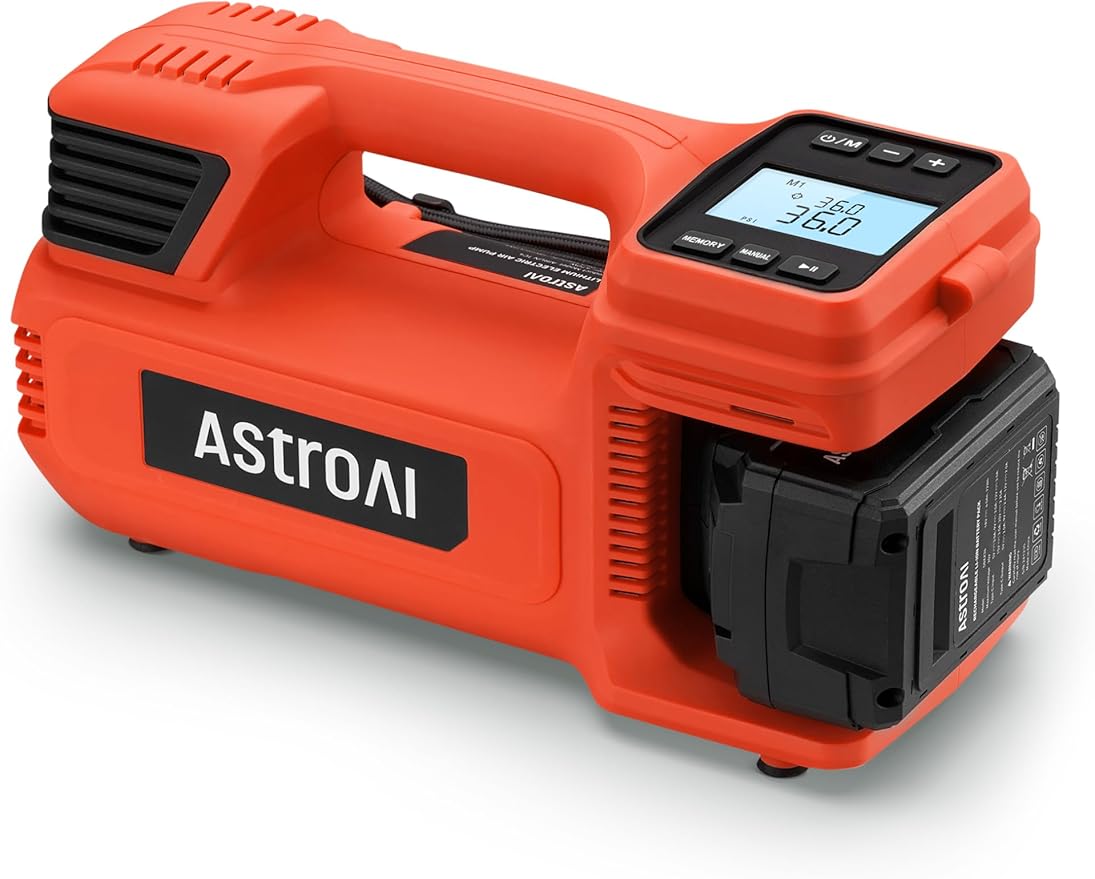AstroAI TC4 Portable Air Compressor Tire Inflator, 470W 18V Cordless Air Pump for Truck Tires with 4000mAh Battery, 150PSI Heavy Duty Air Compressor with Digital Display for Car, RVs, SUV Red