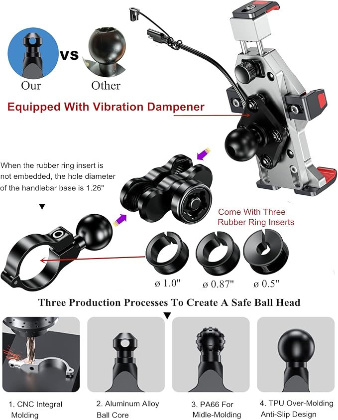 BRCOVAN Motorcycle Phone Mount with Qi 15W Wireless Charger & Vibration Dampener, Aluminum Alloy Anti-Theft Waterproof Motorcycle Handlebar Cellphone Holder, Adjustable Fit 4.7''-7.2'' Smartphones