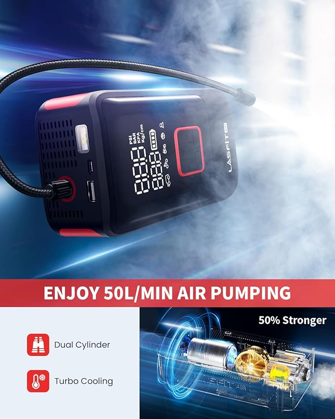 LASFIT TK1 Tire Inflator Portable Air Compressor [Fit Pickup Truck & Large SUVs] 150PSI Tire Inflator 12000mAH Battery Operated Air Pump for Car Tires with Digital Pressure Gauge, Smart Auto Stop