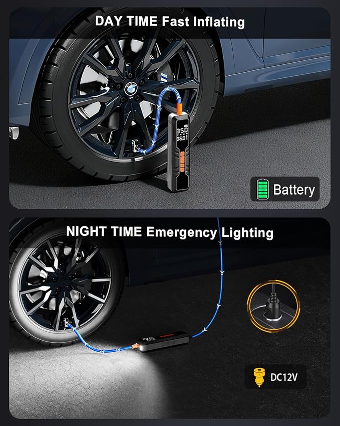 Tire Inflator Portable Air Compressor 6X Air Pump for Car Tires, 150PSI&5400 mAh Portable Tire Inflator for Car,DC 12V Air Compressor with Pressure Gauge/LED Light, for Car Tires/Bike/Motorcycle/Ball
