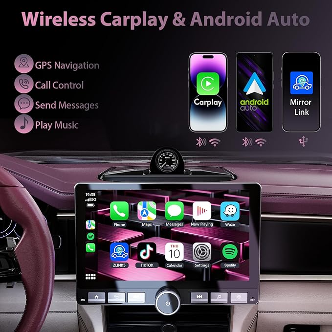 10.1" 360° Rotatable Touchscreen Car Stereo with Wireless Apple CarPlay & Android Auto, Features GPS Navigation, DSP Hi-Fi Sound, Voice Control, Backup Camera,1080P Support & APK Management