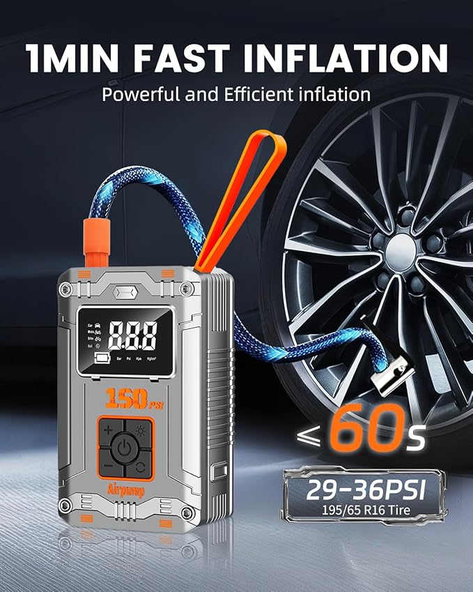 Tire Inflator Portable Air Compressor Cordless,150PSI 3X Faster Inflation Tire Pump With Digital Display & 4 Nozzles, Car Tires Air Pump with Pressure Gauge for Auto, Motorcycles, Bikes, Balls