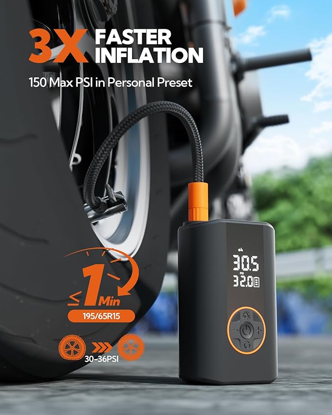 Tire Inflator Portable Air Compressor - Cordless Air Pump with Digital Tire Pressure Gauge, 3X Fast Inflation, Accurate Dual LCD Display & LED Light for Car Motorcycle E-Bike Ball