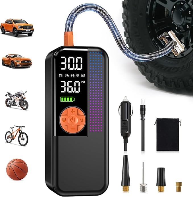 Portable Tire Inflator Air Compressor, 150 PSI Cordless Air Pump, 6000mAh Battery & 12V Car Outlet, Digital Pressure Gauge, Auto Shut-Off, Fast 24L/Min, LED Light, 4 Preset Modes for Car, Bike, Balls